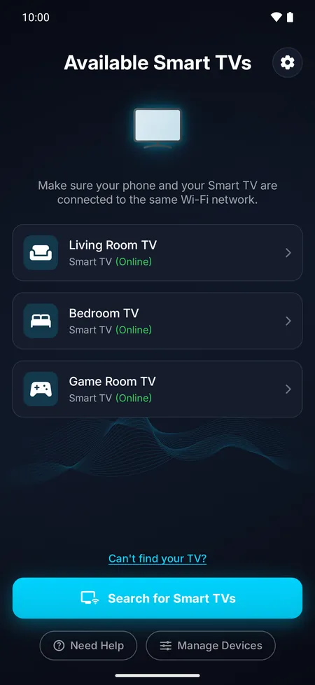 App screen listing the smart TVs found on the Wi-Fi network